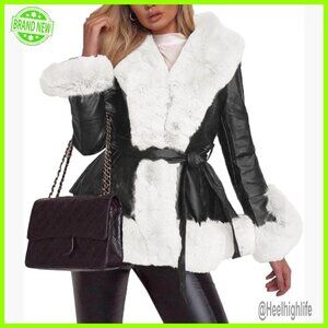 Faux Leather Jacket with Fur Collar, Long Sleeves, Belted, Winter Coat